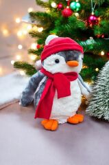 Pingu Kırmızı Şapkalı Penguen Gri Peluş Oyuncak Uyku ve Oyun Arkadaşı