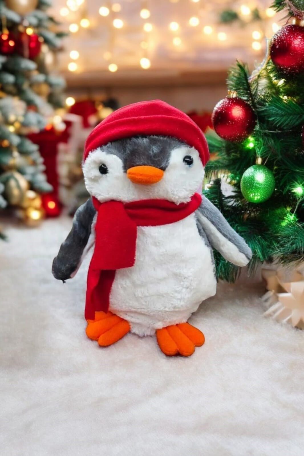 Pingu Kırmızı Şapkalı Penguen Gri Peluş Oyuncak Uyku ve Oyun Arkadaşı