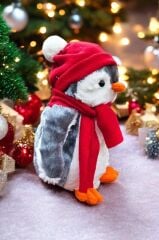 Pingu Kırmızı Şapkalı Penguen Gri Peluş Oyuncak Uyku ve Oyun Arkadaşı