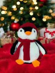 Mellito Toyzz Pingu Kırmızı Şapkalı Penguen Gri Peluş Oyuncak Uyku ve Oyun Arkadaşı