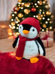 Mellito Toyzz Pingu Kırmızı Şapkalı Penguen Gri Peluş Oyuncak Uyku ve Oyun Arkadaşı