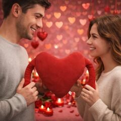 Kırmızı Kalpli Romantik Peluş Yastık