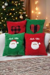4’lü Set Kırmızı-Yeşil Dekoratif Çocuk Odası Peluş Noel Baba Yılbaşı Yastık Kırlent