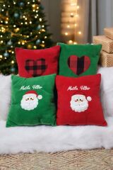 4’lü Set Kırmızı-Yeşil Dekoratif Çocuk Odası Peluş Noel Baba Yılbaşı Yastık Kırlent
