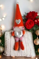 Cüce Elf Kalpli Gnome Aşk Cücesi Turuncu Yılbaşı Dekoru ve Peluş Oyuncağı 40 Cm
