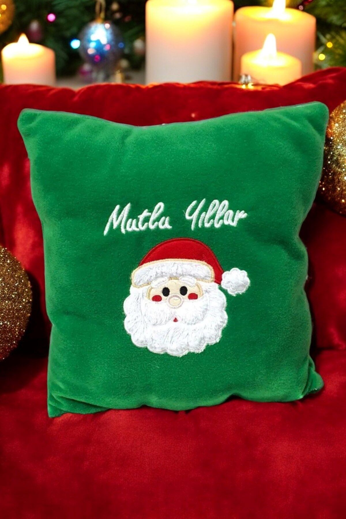 Yeşil Dekoratif Çocuk Odası Peluş Noel Baba Yılbaşı Yastık Kırlent 30x30