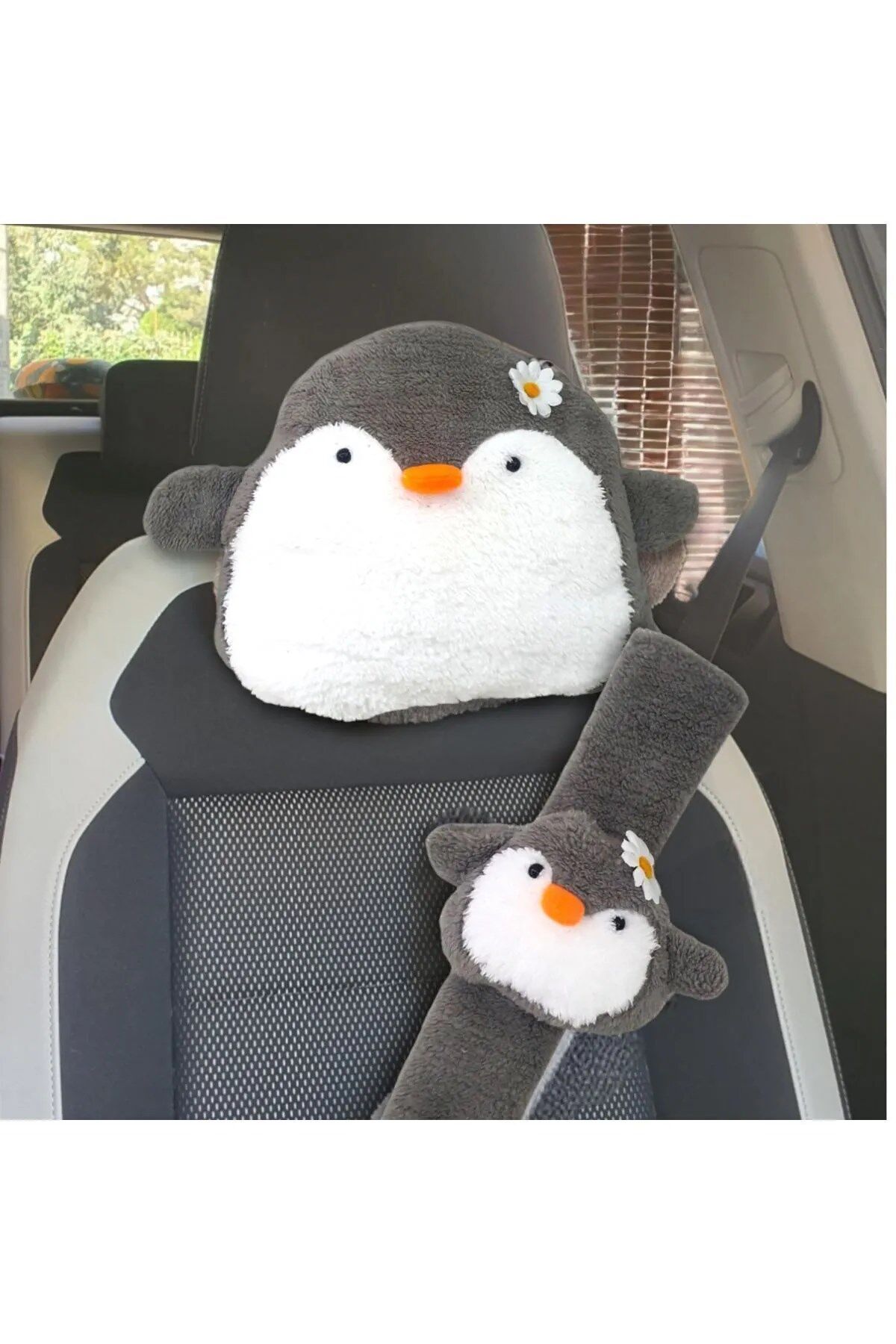 Gri Penguen Araba Boyun Yastığı Ve Emniyet Kemeri Aksesuarı Peluş Kılıf Seti (1 YASTIK VE 1 KILIF)