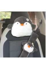 Mellito Toyzz Gri Penguen Araba Boyun Yastığı Ve Emniyet Kemeri Aksesuarı Peluş Kılıf Seti (1 YASTIK VE 1 KILIF)