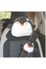 Mellito Toyzz Gri Penguen Araba Boyun Yastığı Ve Emniyet Kemeri Aksesuarı Peluş Kılıf Seti (1 YASTIK VE 1 KILIF)