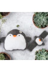 Gri Penguen Araba Boyun Yastığı Ve Emniyet Kemeri Aksesuarı Peluş Kılıf Seti (1 YASTIK VE 1 KILIF)
