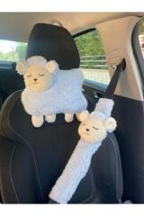 Mellito Toyzz Mavi Kuzu Araba Boyun Yastığı Ve Emniyet Kemeri Aksesuarı Peluş Kılıf Seti (1 YASTIK VE 1 KILIF)
