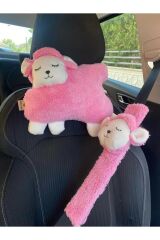 Pembe Kuzu Araba Boyun Yastığı Ve Emniyet Kemeri Aksesuarı Peluş Kılıf Seti (1 YASTIK VE 1 KILIF)