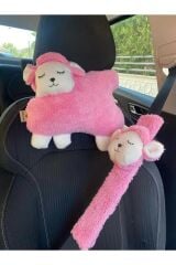 Mellito Toyzz Pembe Kuzu Araba Boyun Yastığı Ve Emniyet Kemeri Aksesuarı Peluş Kılıf Seti (1 YASTIK VE 1 KILIF)