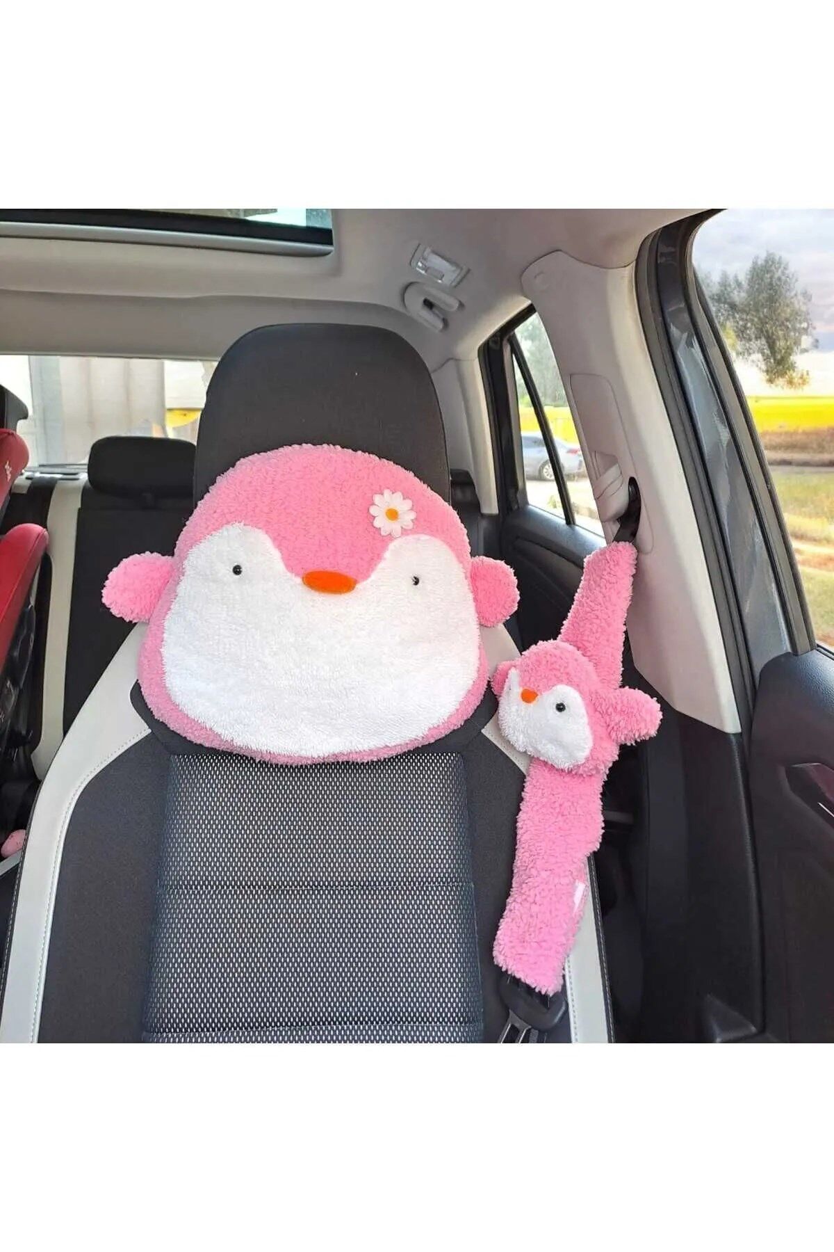 Mellito Toyzz Pembe Penguen Araba Boyun Yastığı Ve Emniyet Kemeri Aksesuarı Peluş Kılıf Seti (1 YASTIK VE 1 KILIF)