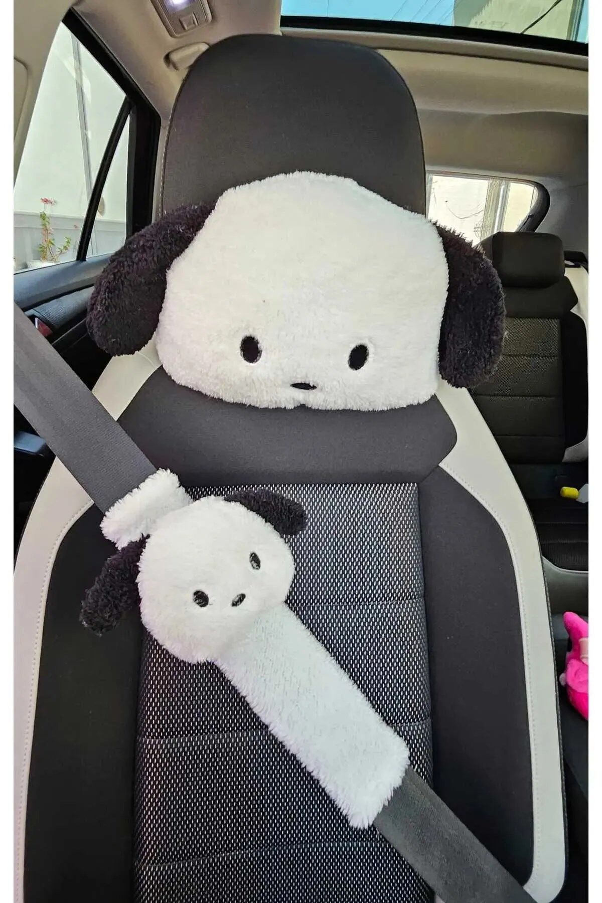 Mellito Toyzz Sevimli Köpek Araba Boyun Yastığı Ve Emniyet Kemeri Aksesuarı Peluş Kılıf Seti (1 YASTIK VE 1 KILIF)